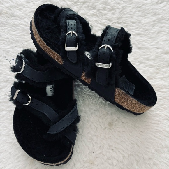 Birkenstock Miyari Shearling Black Leather Sandals size 37 W6 M4 - Picture 6 of 15